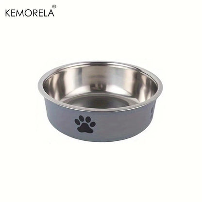 Stainless steel pet bowl with paw print design on a white background, featuring the brand 'KEMORELA'.