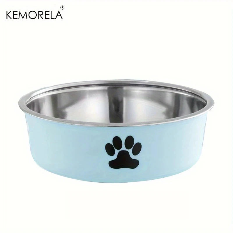 Stainless steel pet bowl with a light blue exterior and black paw print design on a white background.