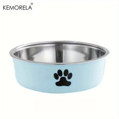 Stainless steel pet bowl with a light blue exterior and black paw print design on a white background.