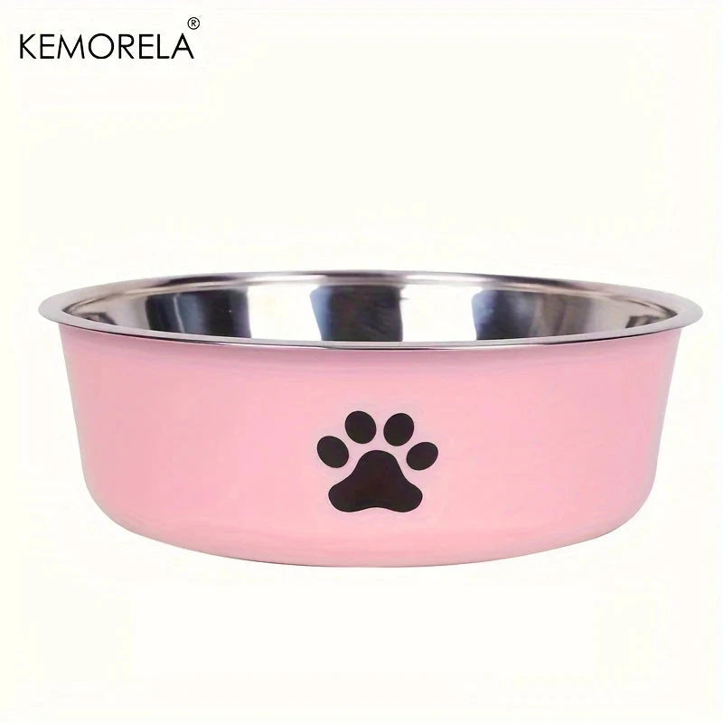 Pink pet bowl with black paw print and stainless steel rim on a white background, featuring the KEMORELA brand.