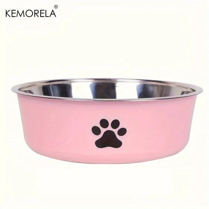 Pink pet bowl with black paw print and stainless steel rim on a white background, featuring the KEMORELA brand.