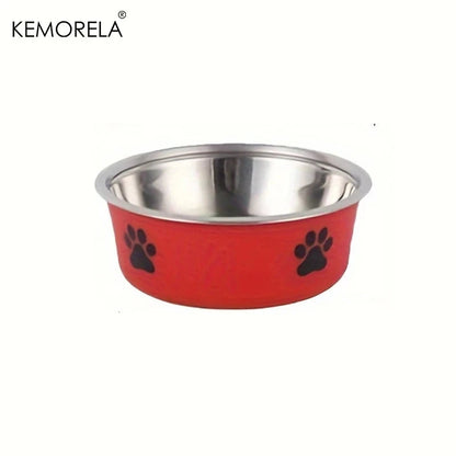 Red pet bowl with black paw prints and stainless steel interior on a white background, featuring the KEMORELA brand.